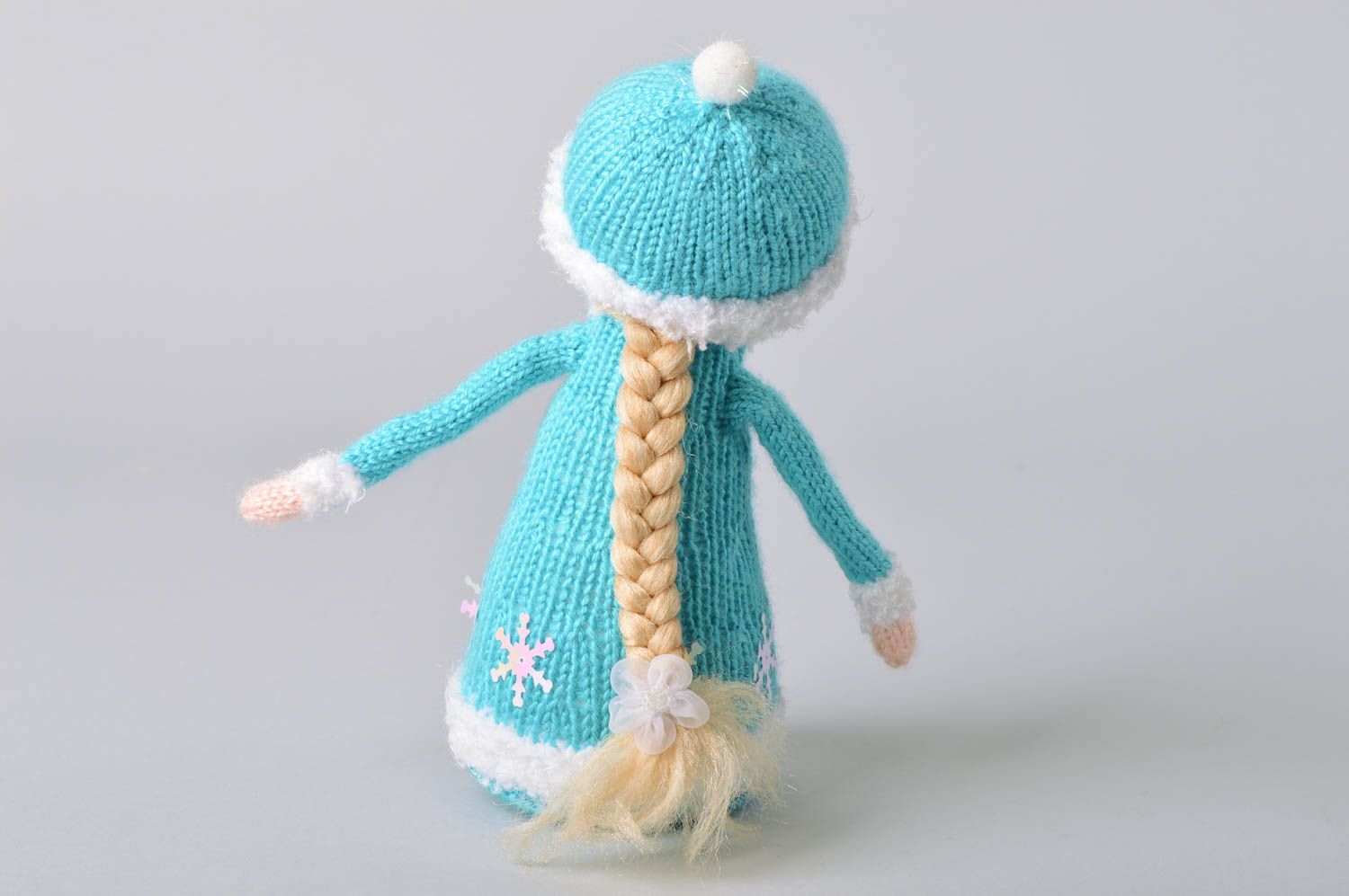 Handmade designer small beautiful knitted soft toy snow maiden for children photo 4