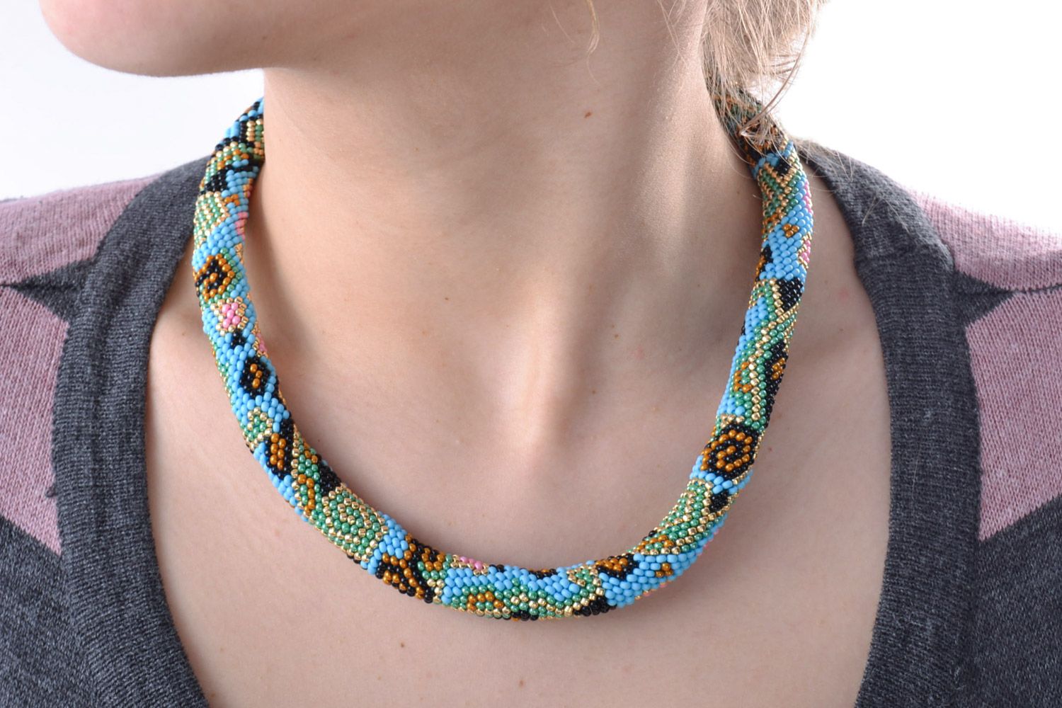 Handmade Czech bead cord necklace of turquoise color with unusual patterns photo 1