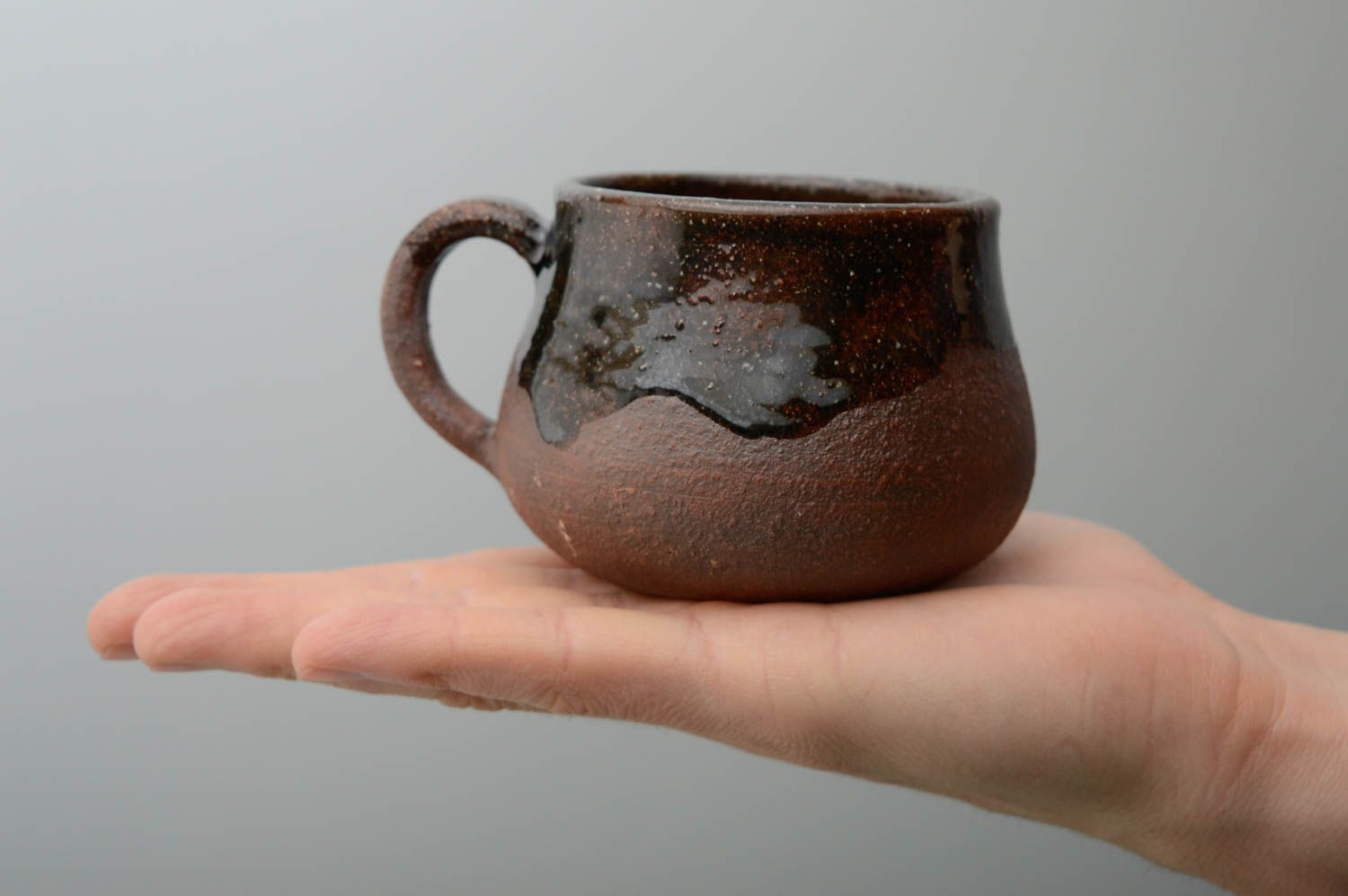 Set of three handmade ceramic 5 oz cups in Chocolate color glazed inside photo 5