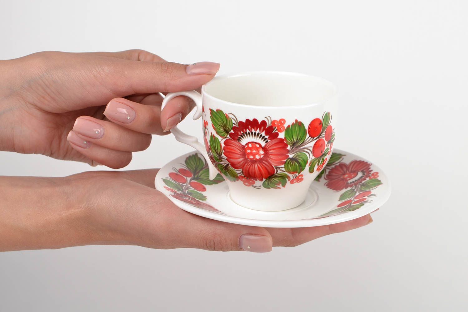8 oz porcelain coffee cup with Russian style floral bright pattern photo 2
