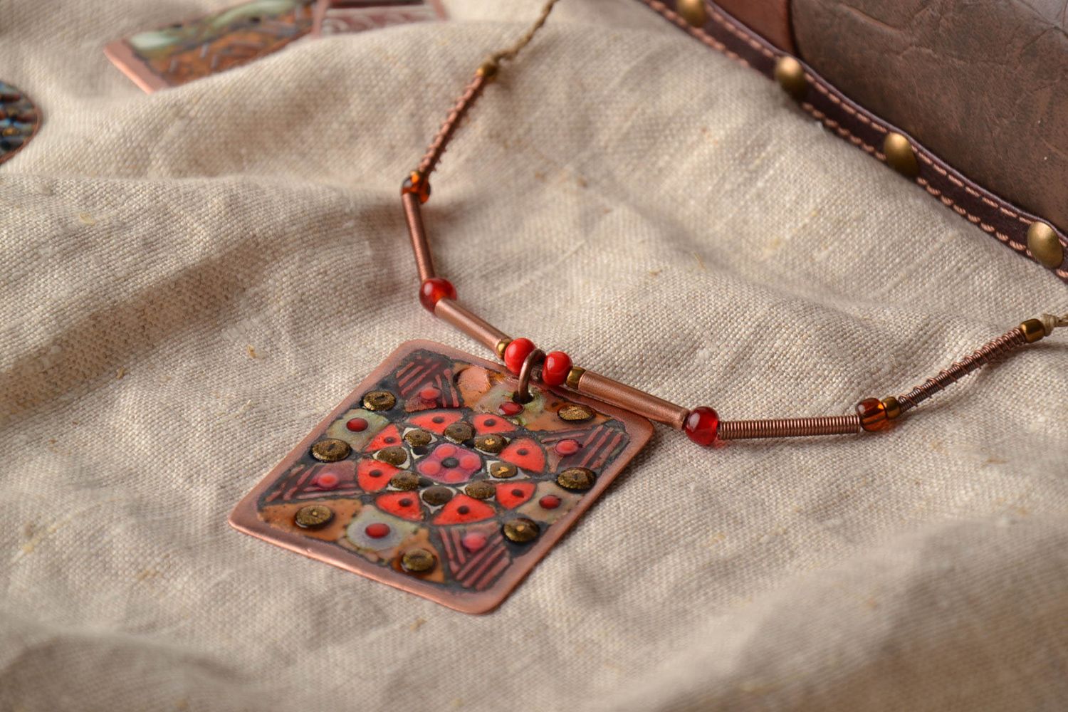Ethnic enamel painted copper pendant photo 1