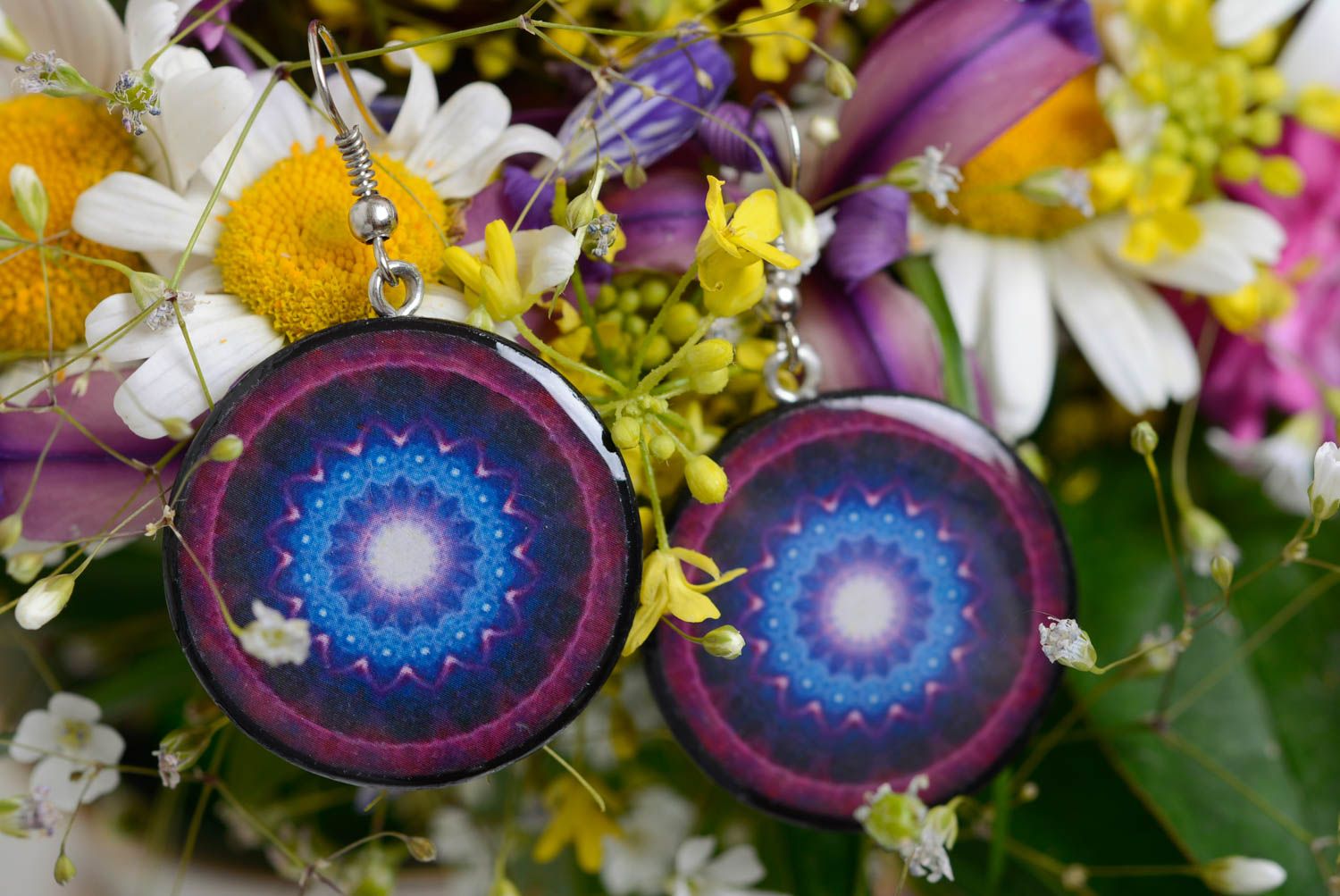 Handmade polymer clay round dangling earrings with decoupage violet and blue photo 1