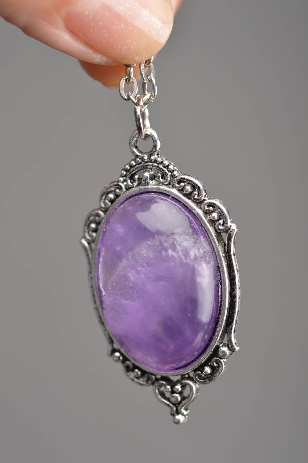 Beautiful women's homemade metal neck pendant with lilac stone and long chain photo 3
