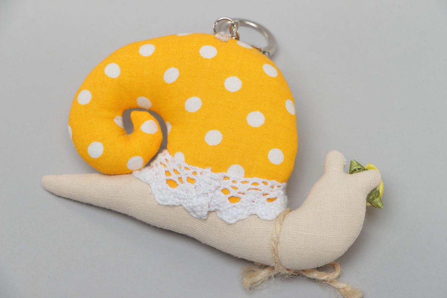 Soft fabric toy keychain handmade yellow snail with lace good present for children photo 4