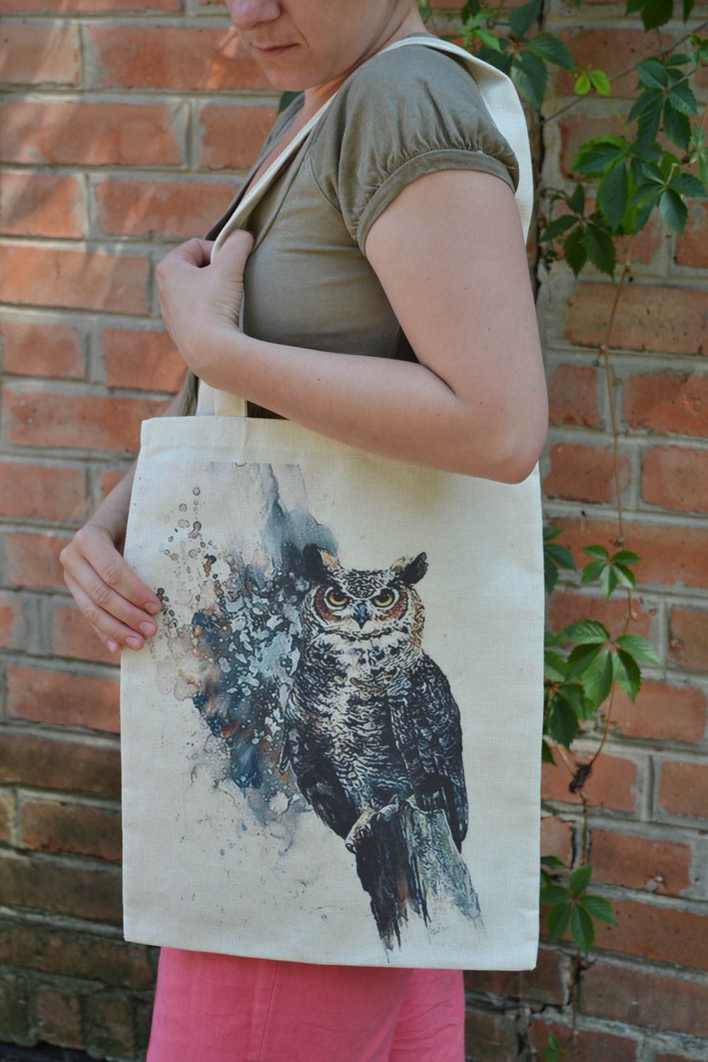 Künstlerische modische Schultertasche mit Eule Print mit langen Griffen handmade foto 1