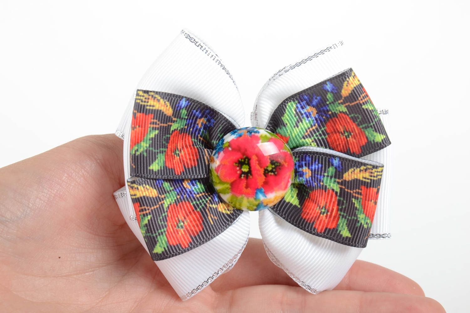Unusual handmade satin ribbon bow hair clip textile hair bow designer barrette photo 5
