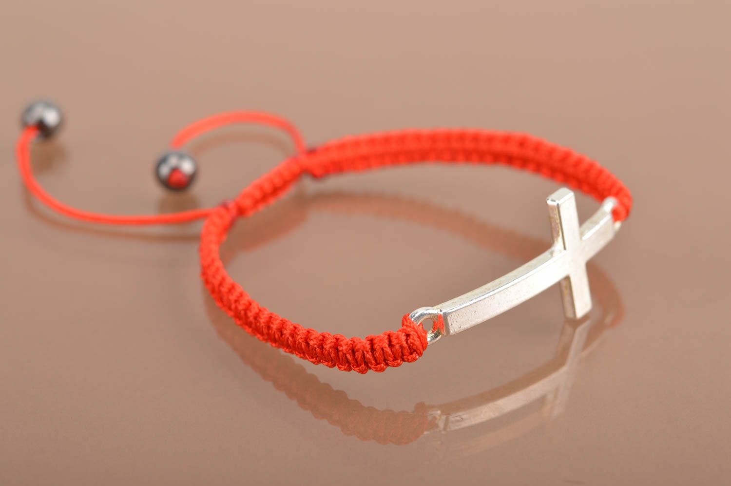 Textile stylish unusual accessory woven wrist bracelet with metal cross photo 4