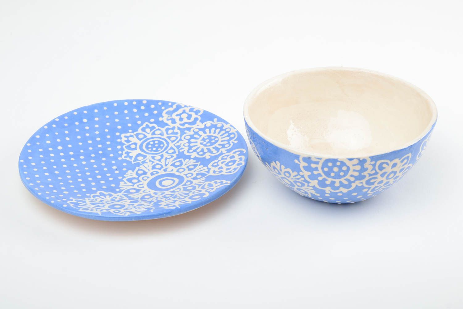 Ton Suppen Schüssel mit Unterteller 500 ml blau mit weißen Mustern handmade foto 4