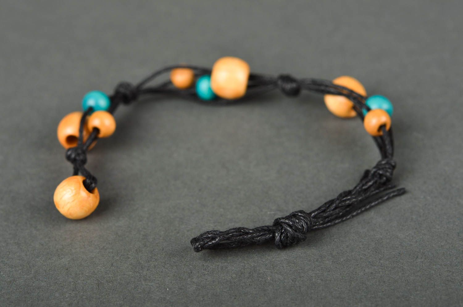 Handmade wooden turquoise and orange beads wrist bracelet on black wax four layers cord for girls photo 5