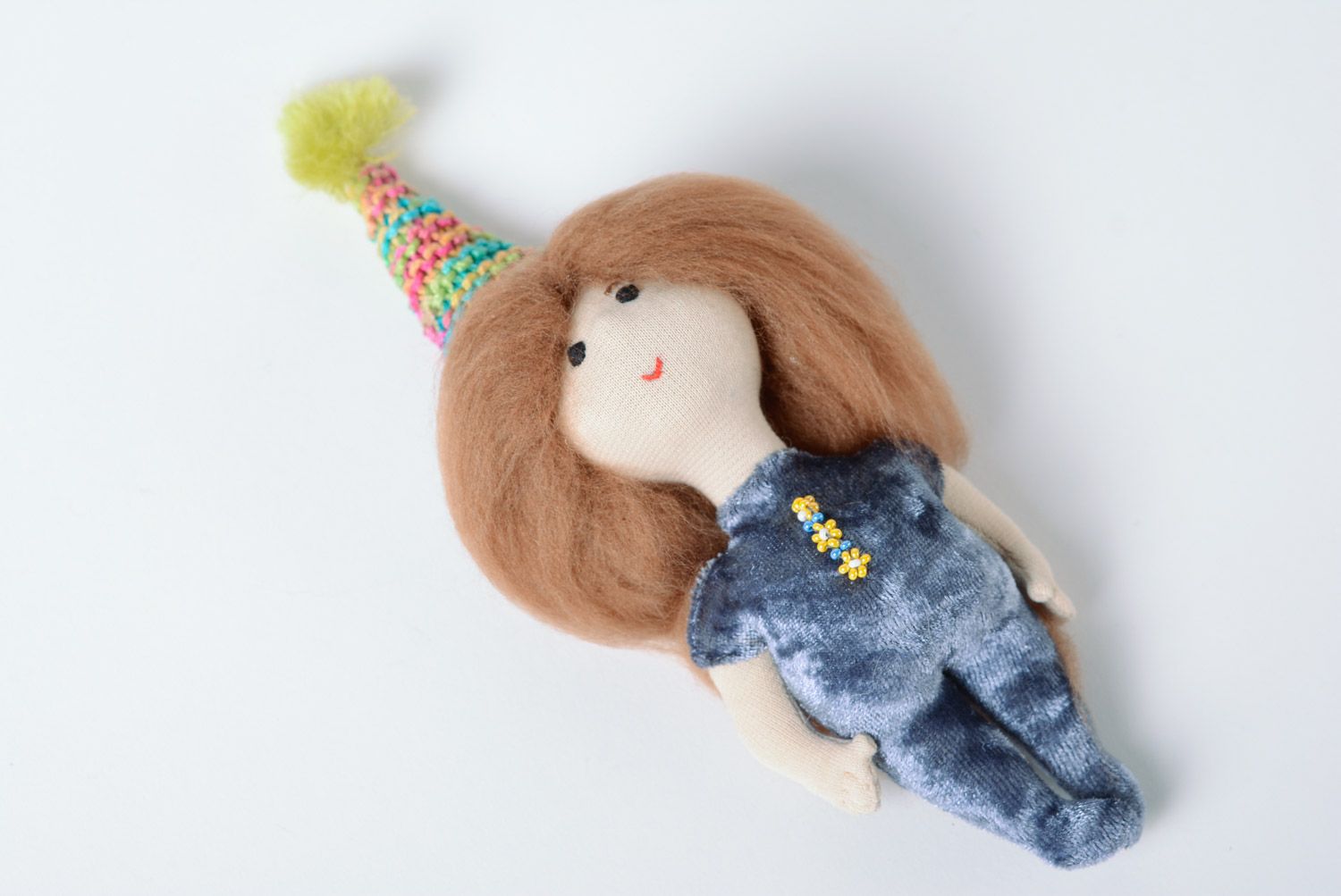 Handmade doll sewn of artificial velvet with voluminous hair photo 1