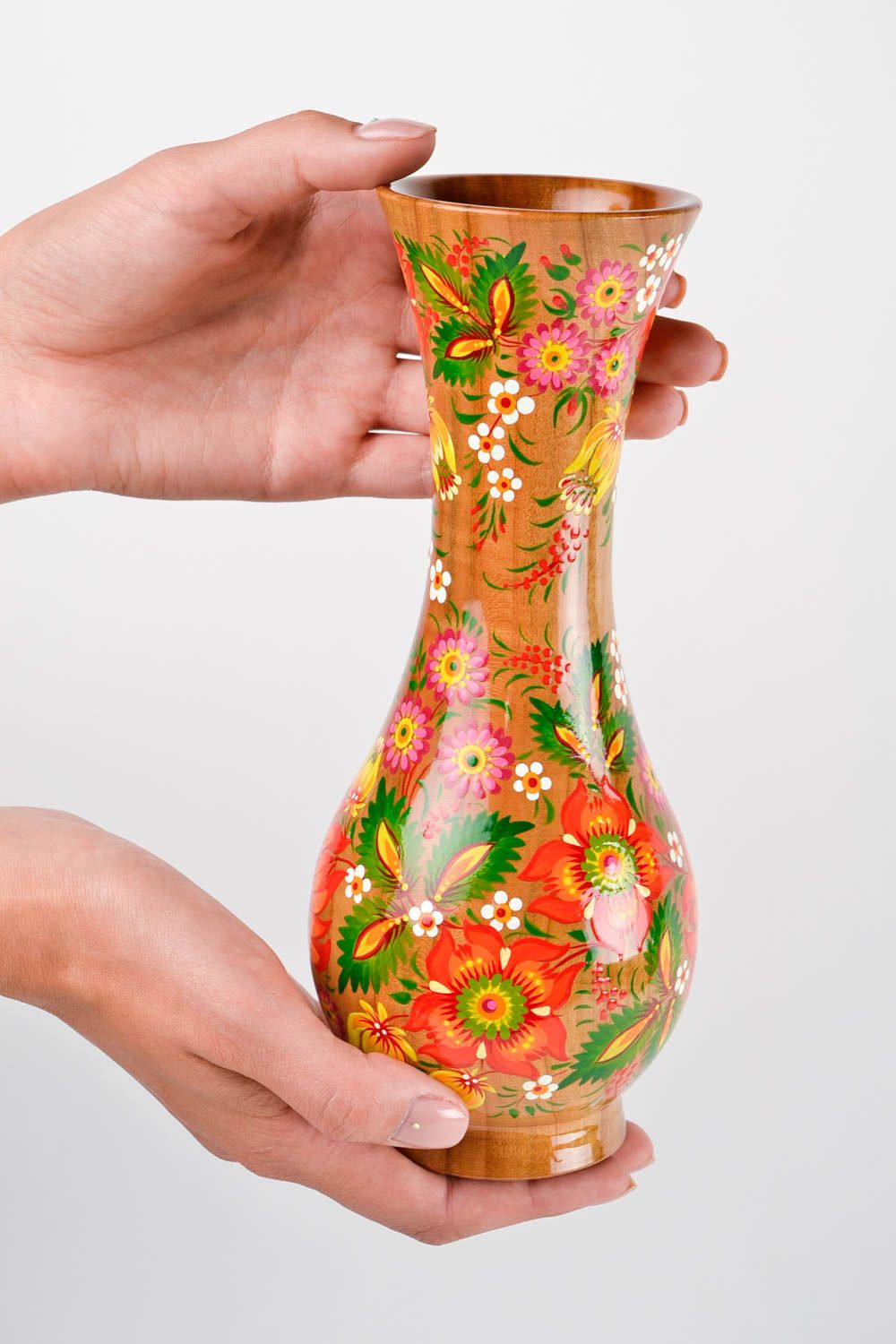 Деревянная ваза ручной работы ваза из дерева украшение интерьера с Петриковкой фото 2