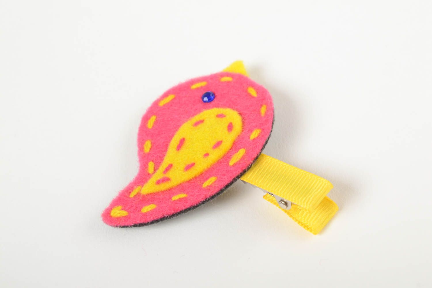 Детская заколка для волос в виде птички из флиса и репсовой ленты розовая хенд мейд фото 4