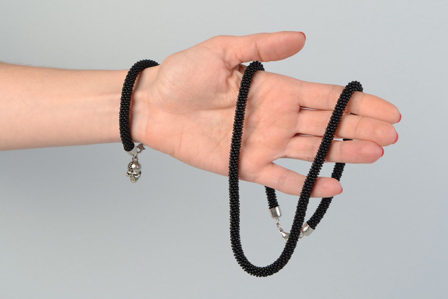 Set of handmade designer necklace and wrist bracelet woven of black Czech beads photo 2