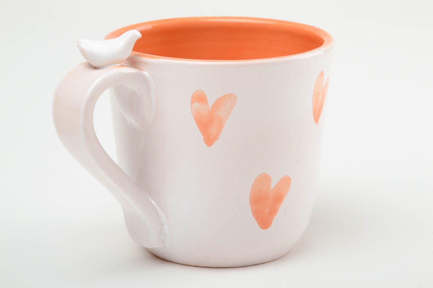 Глиняная чашка ручной работы глазурованная с птичкой на ручке оранжевая 350 мл фото 4