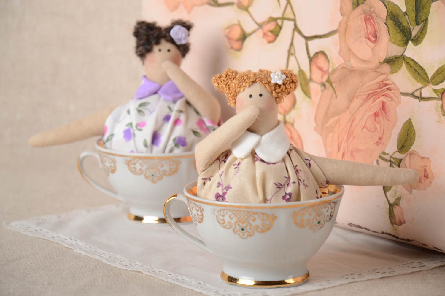 Set of 2 handmade fabric soft dolls decorative toys rag dolls for cups photo 1