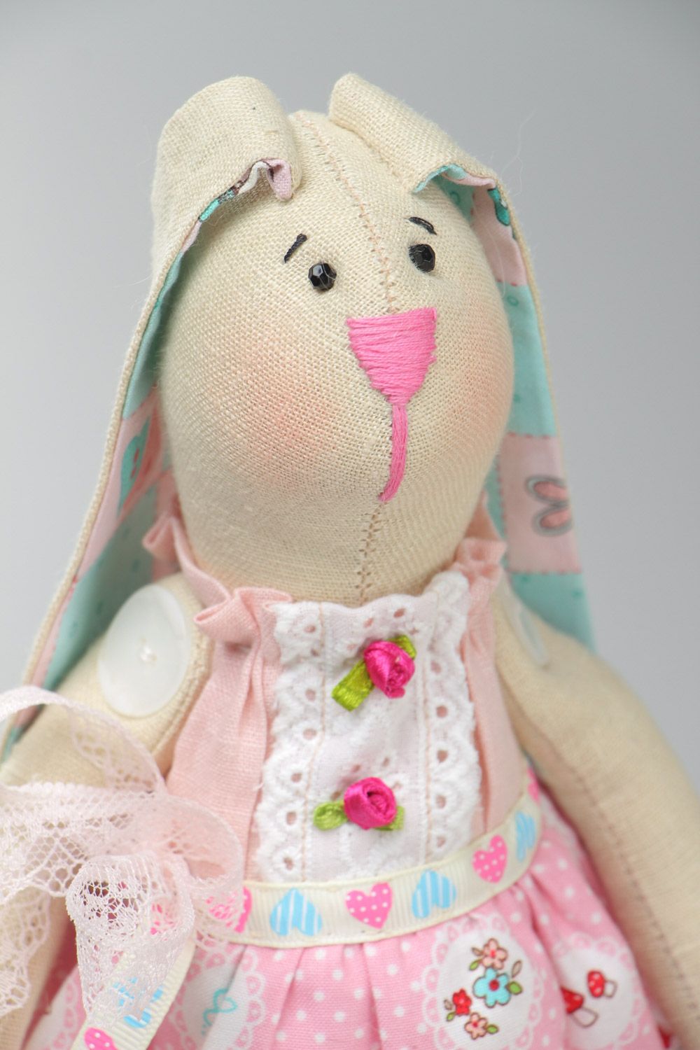 Handmade decorative soft toy sewn of cotton Rabbit in beautiful pink dress photo 3