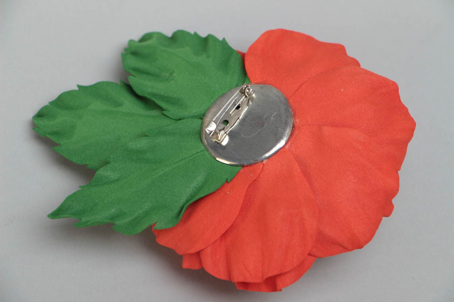 Handmade designer brooch with large volume foamiran flower of deep red color photo 4