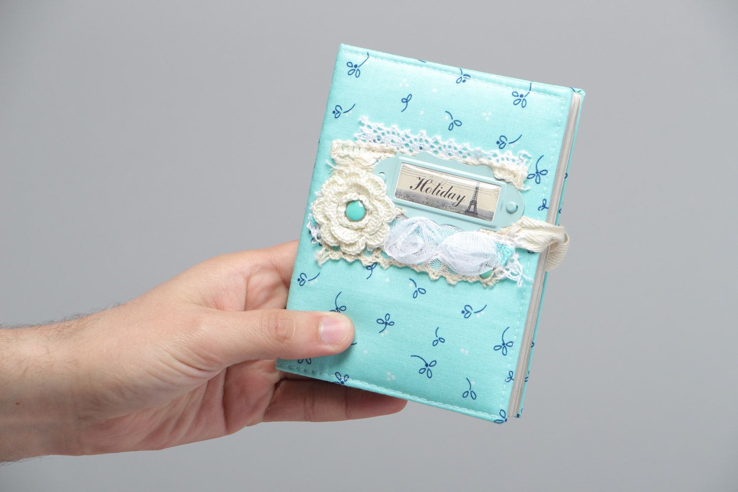 Handmade designer blue beautiful notepad with fabric cover and lace 80-sheet photo 5