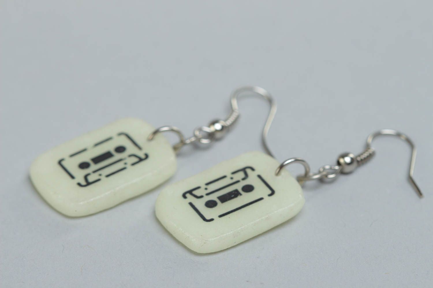Handmade white earrings made of polymer clay Cassettes designer accessory photo 3