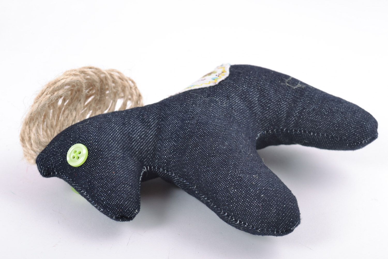 Handmade small soft toy sewn of dark blue fabric with embroidery and cord horse  photo 2