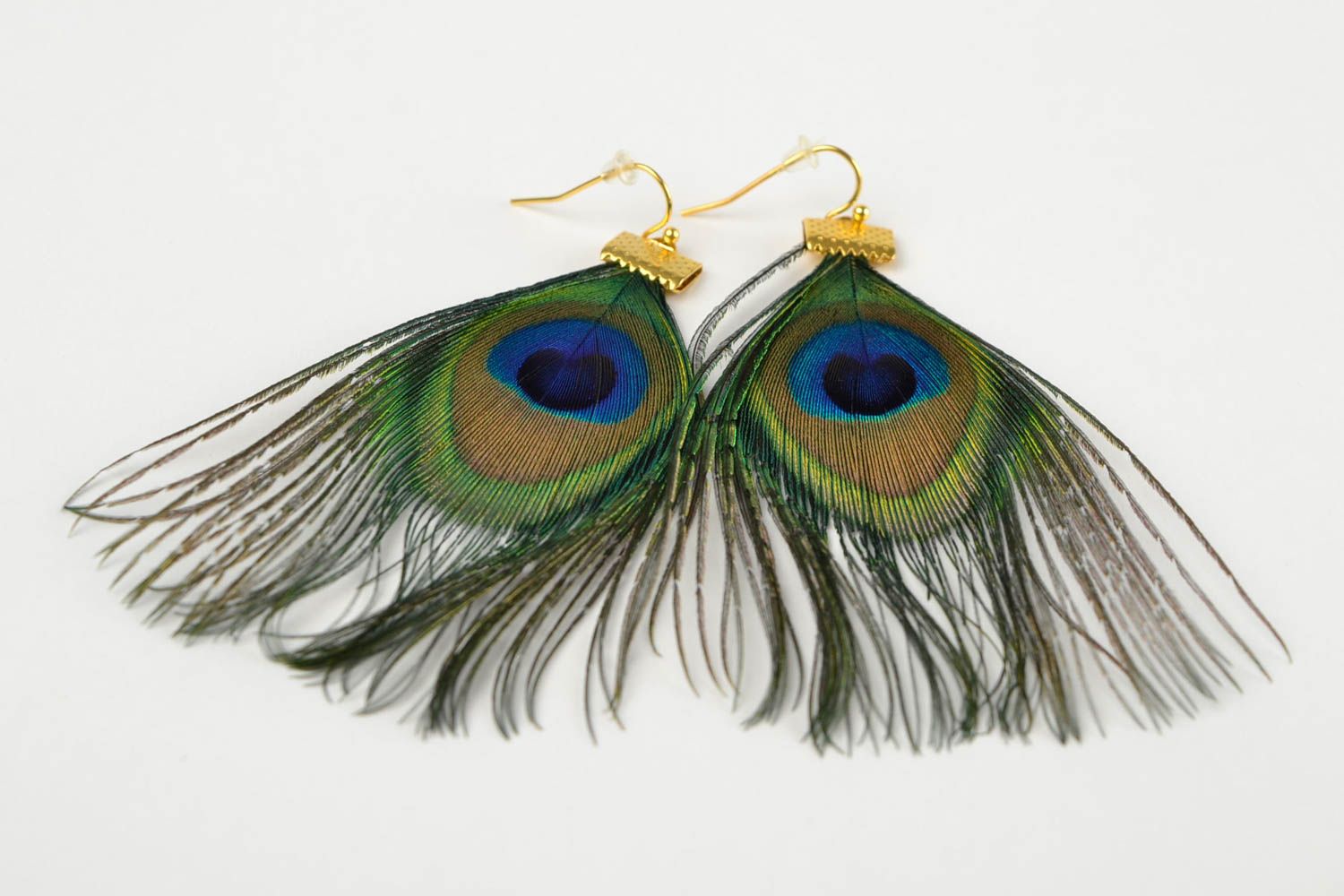 Boucles d'oreilles plumes de paon Bijou fait main grandes design Cadeau femme photo 4