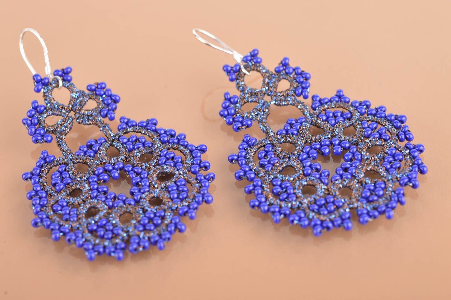 Beautiful blue handmade crohet lace earrings with beads tatting technique photo 2