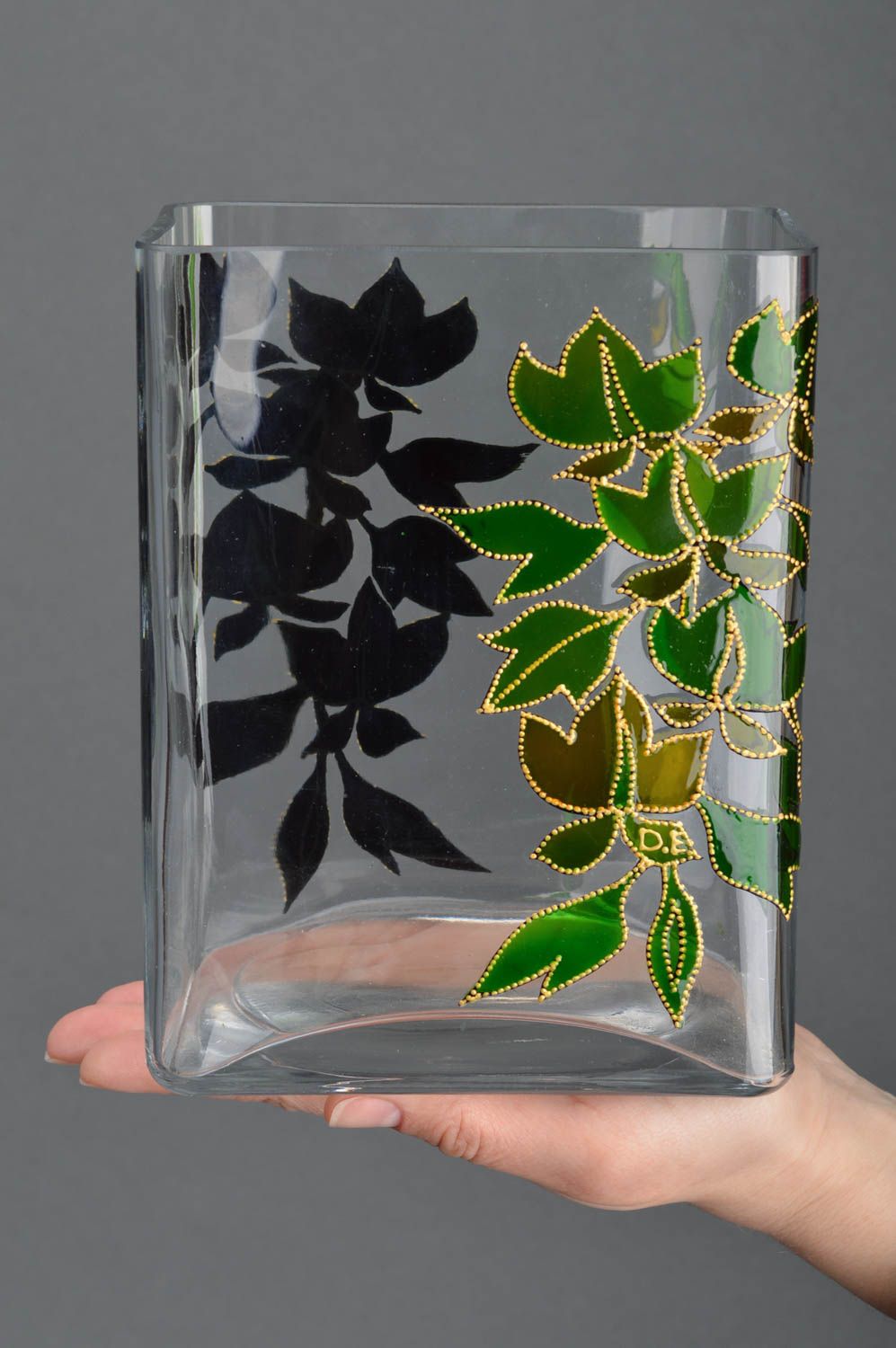 Glas Vase Vitrage Bemalung rechteckig transparent schwarz grün handmade  foto 3
