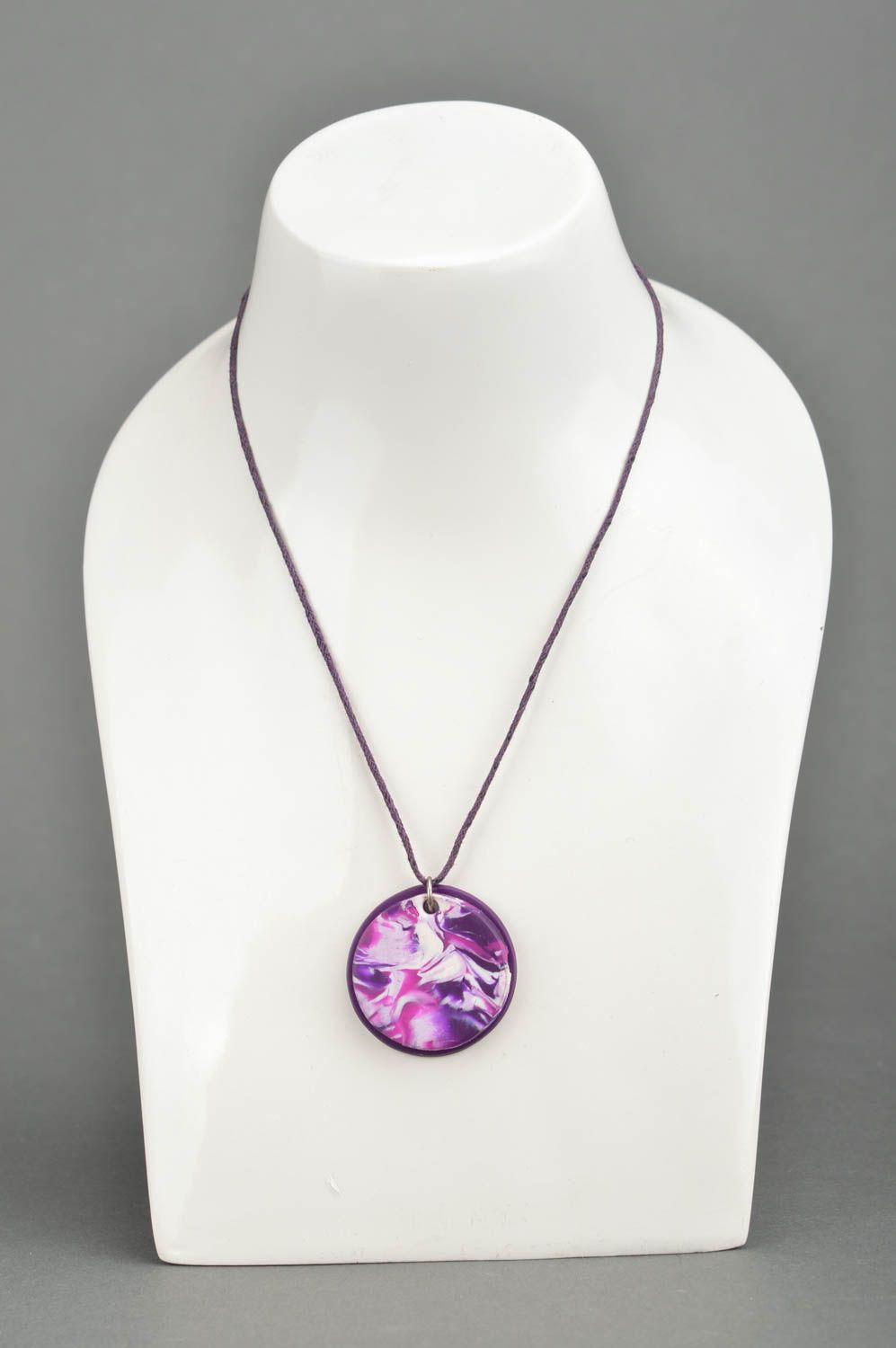 Elegant handmade round purple pendant created using polymer clay on cord photo 5