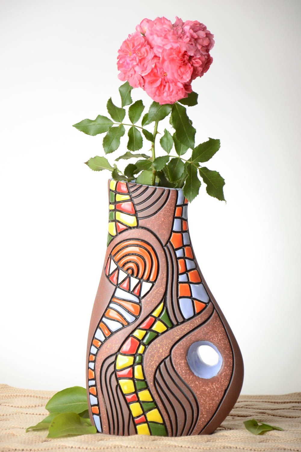 Vase design fait main Vase en argile marron à motif coloré Déco maison 2 l photo 1
