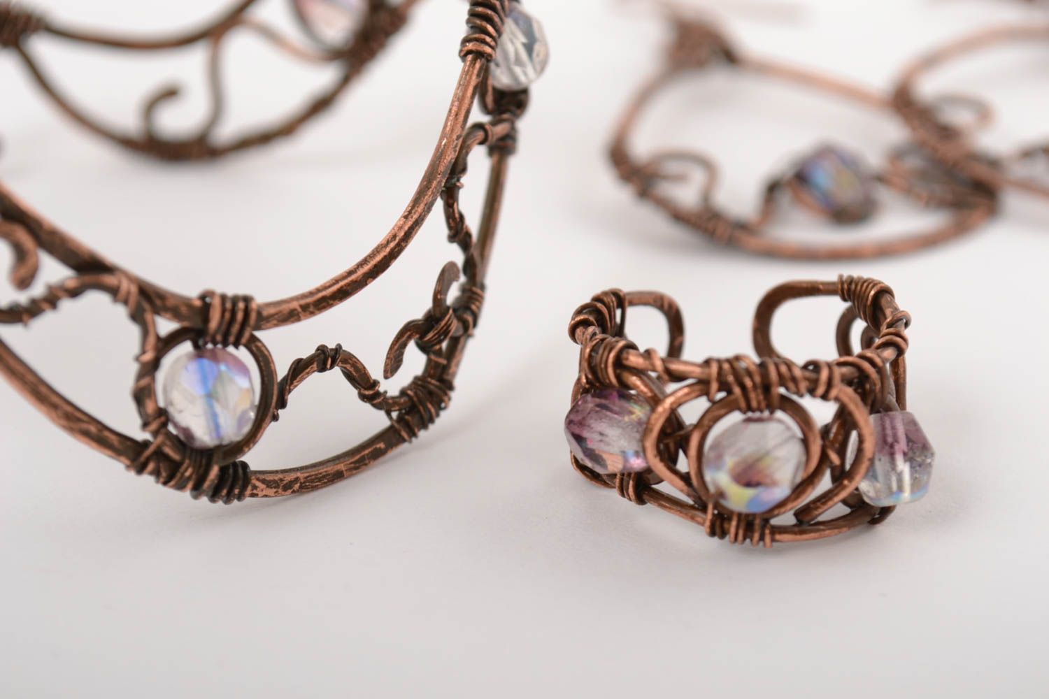 Handmade bracelet long earrings designer ring jewelry set copper accessories photo 3