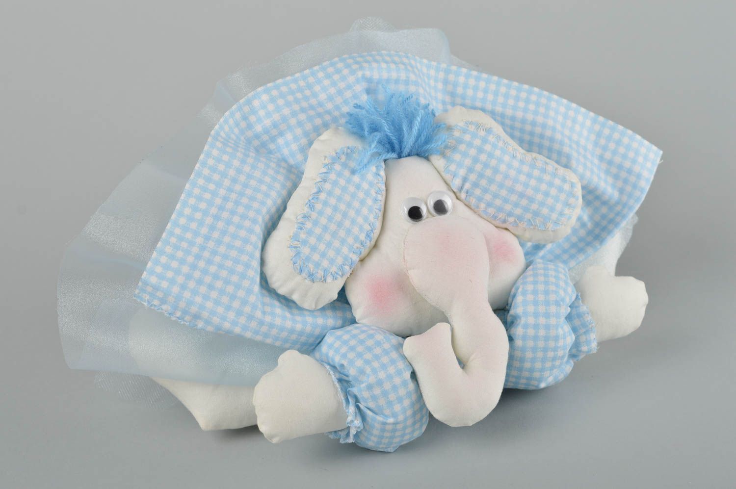 Doudou éléphant en tissus Jouet fait main blanc-bleu à carreaux Cadeau original photo 3