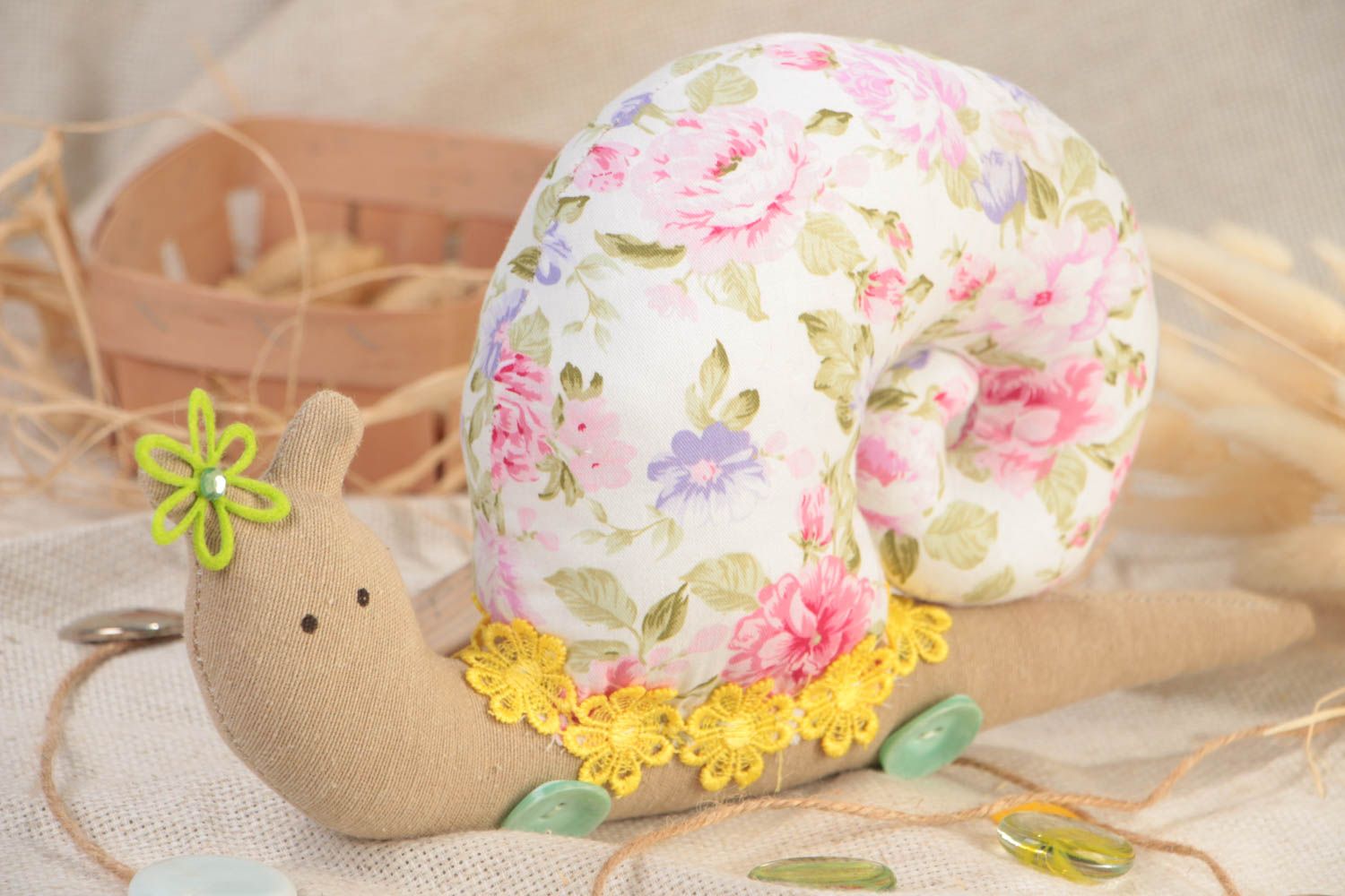 Handmade cotton fabric soft toy funny snail with floral pattern for children photo 1