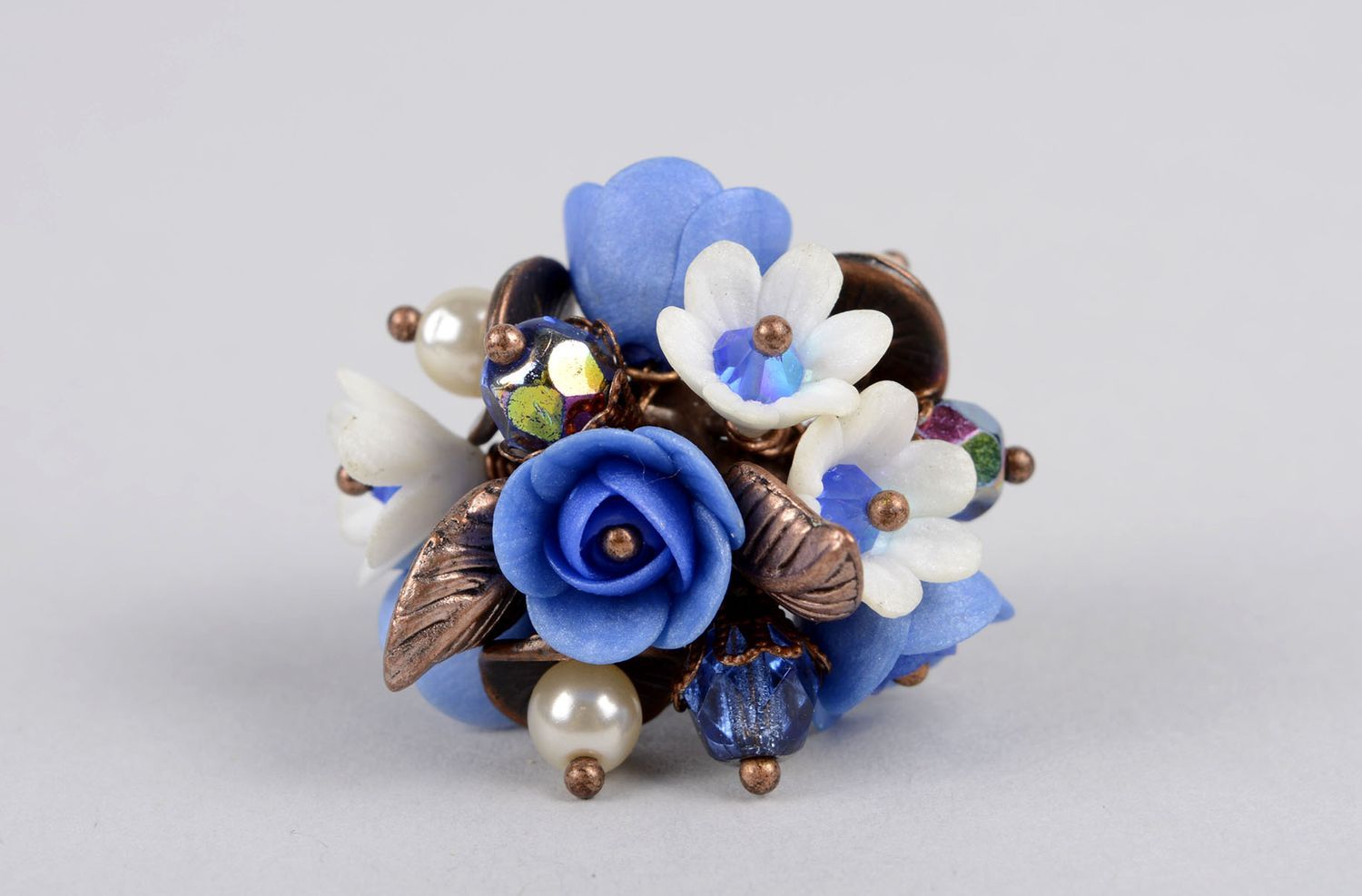 Bague fleurs Bijou fait main métal pâte polymère bleu-blanc Cadeau femme photo 2