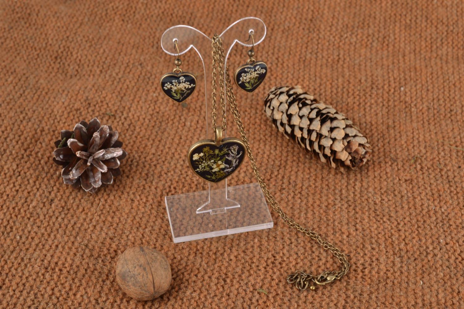 Set de bijoux avec fleurs naturelles boucles d'oreilles pendentif faits main photo 5