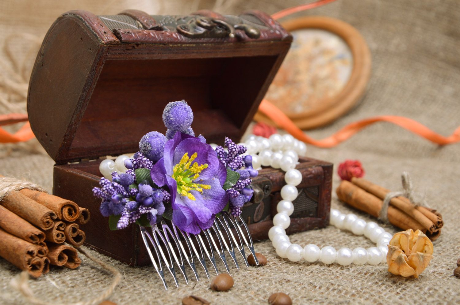 Handmade decorative hair comb with metal basis and violet flowers and berries photo 1