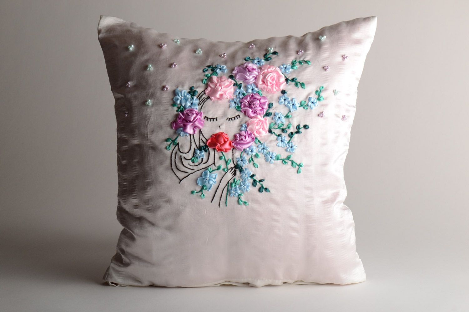 Handmade gabardine pillow case embroidered with ribbons and equipped with zipper White with Flowers photo 1