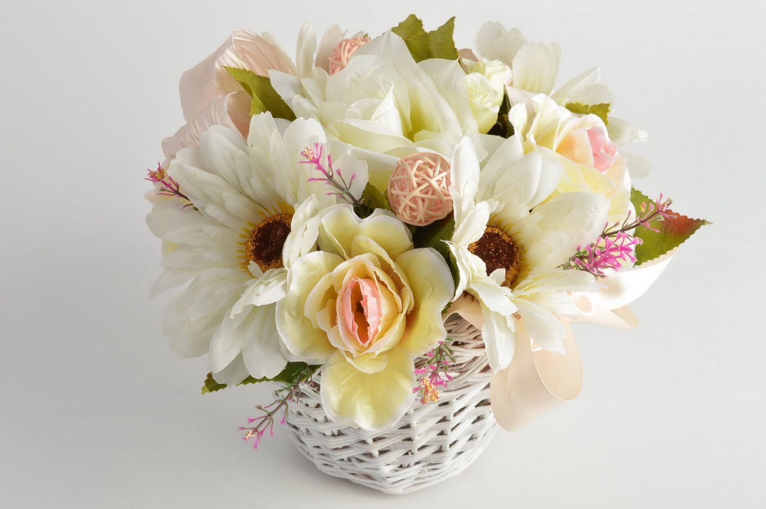 Stylish small handmade white wicker basket with fabric flowers  photo 3