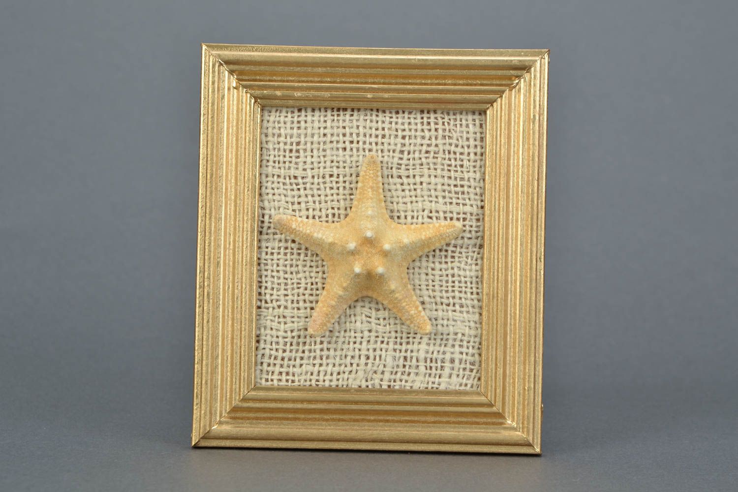 Handmade decorative wall panel on burlap basis in wooden frame with sea star photo 3