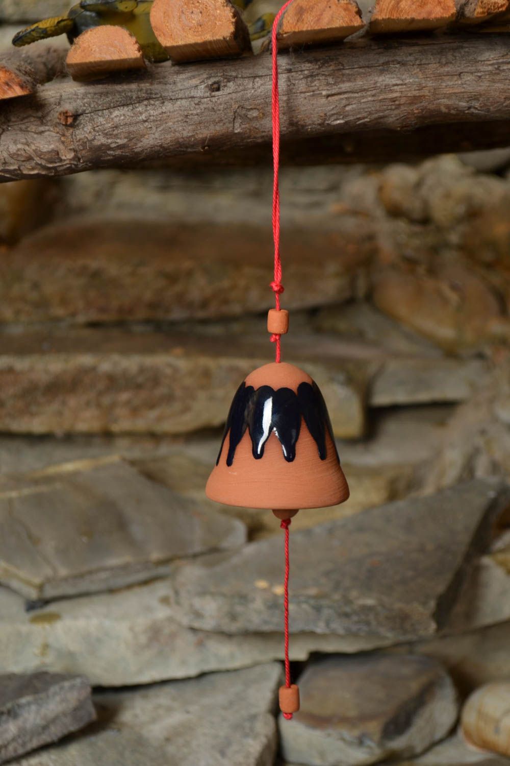 Designer handmade ceramic bell on long cord painted beautiful interior pendant photo 1