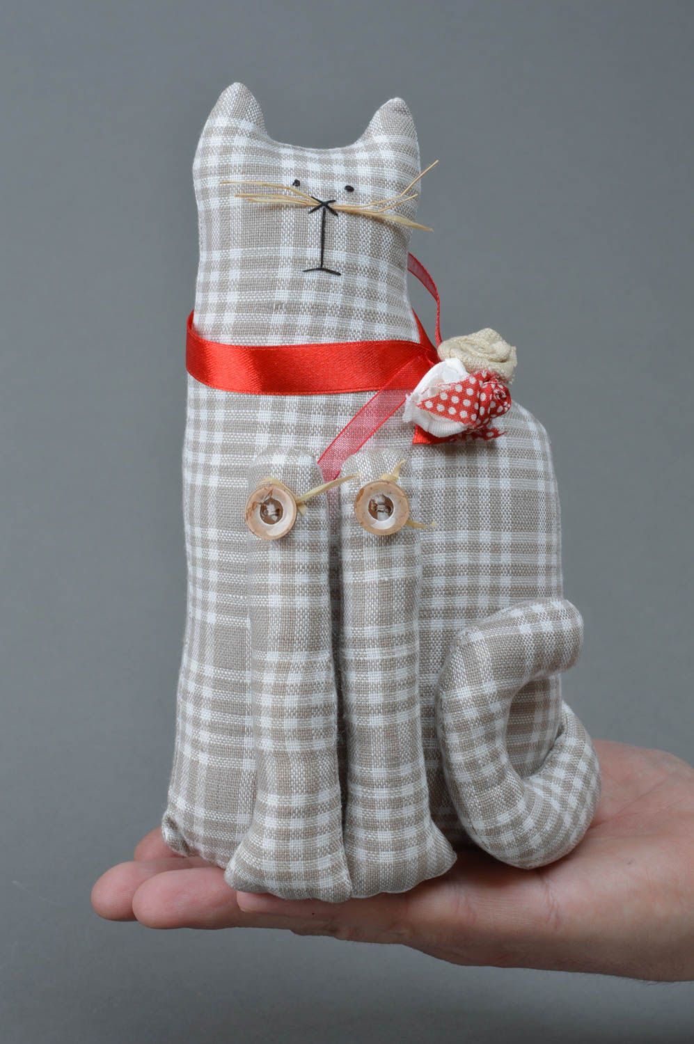 Handmade gray checkered linen fabric soft toy cat with flower for kids and decor photo 4