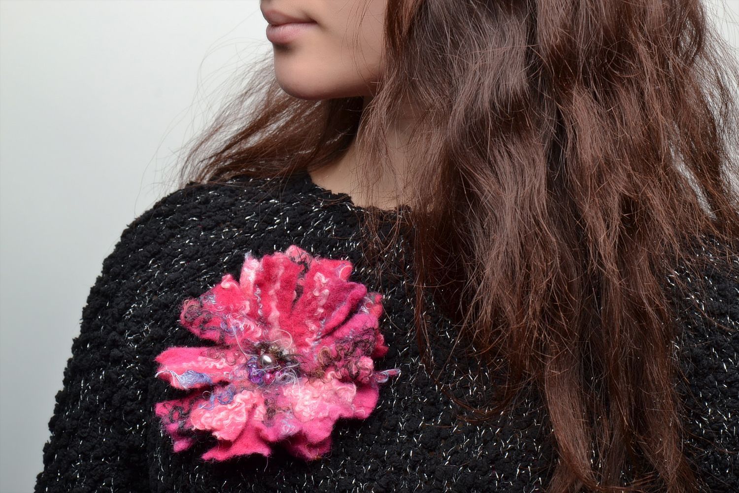 Bright woolen floral brooch made using wet felting technique photo 2
