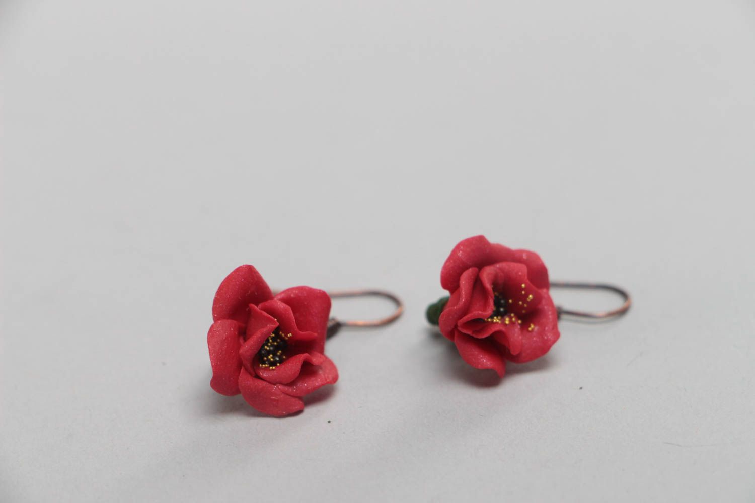 Long earrings made of polymer clay with red poppies flowers handmade accessory photo 3
