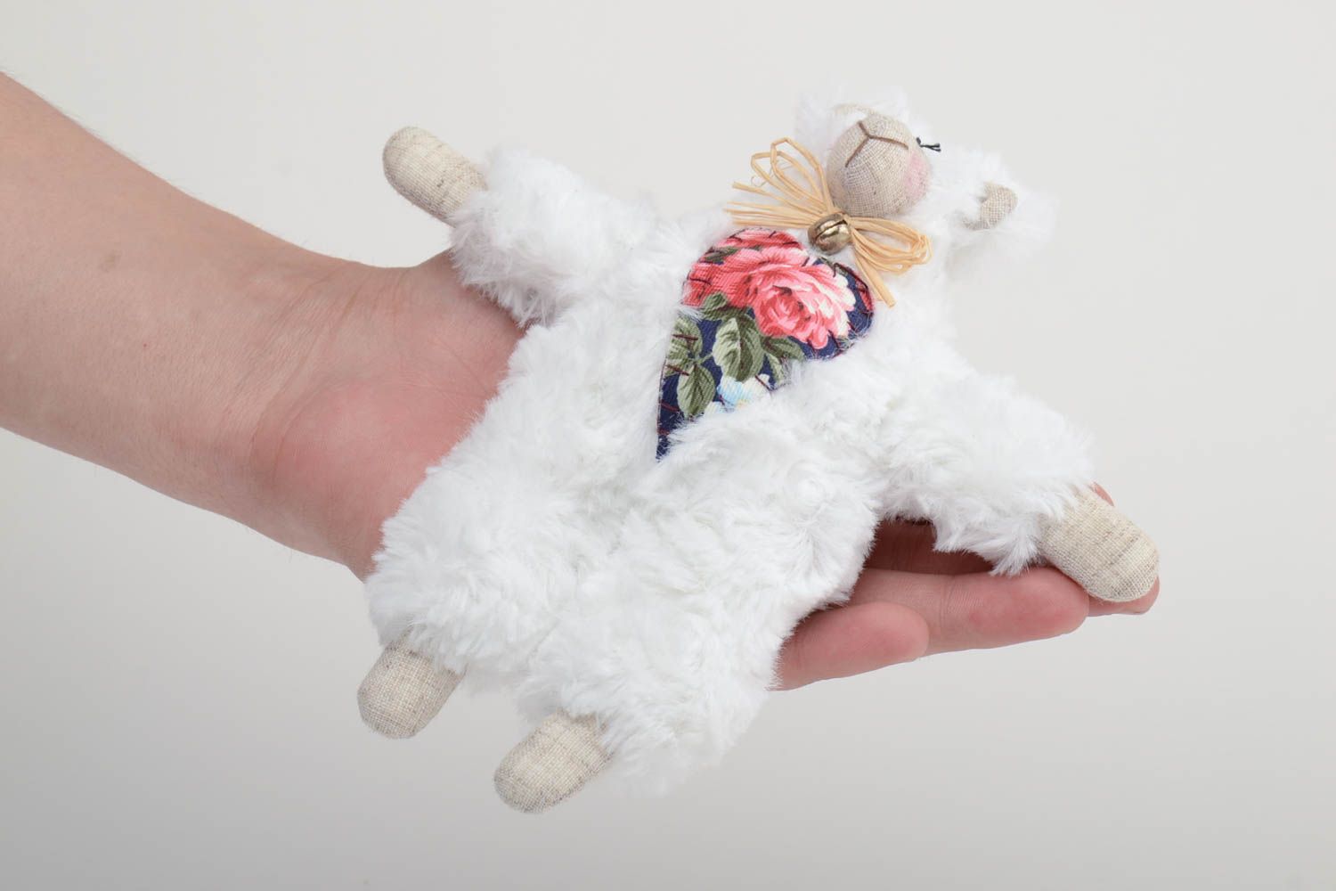 Handmade white faux fur soft toy lamb with applique work floral heart and straw photo 5