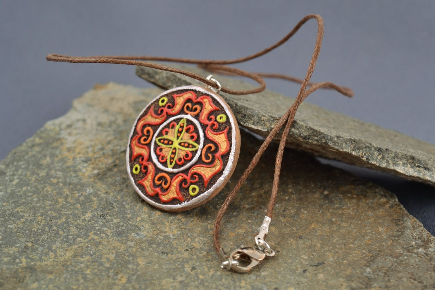 Handmade designer round ceramic neck pendant with bright acrylic painting photo 1