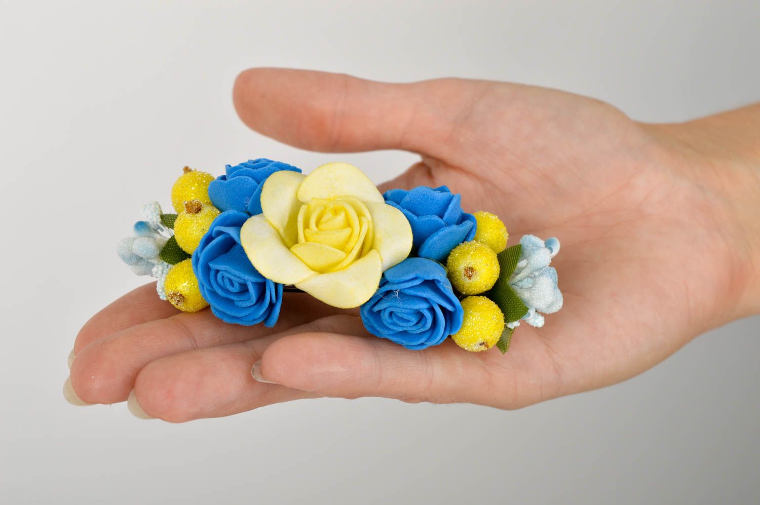 Gelb blaue Haarspange Blumen handmade Damen Modeschmuck Accessoire für Haare foto 5