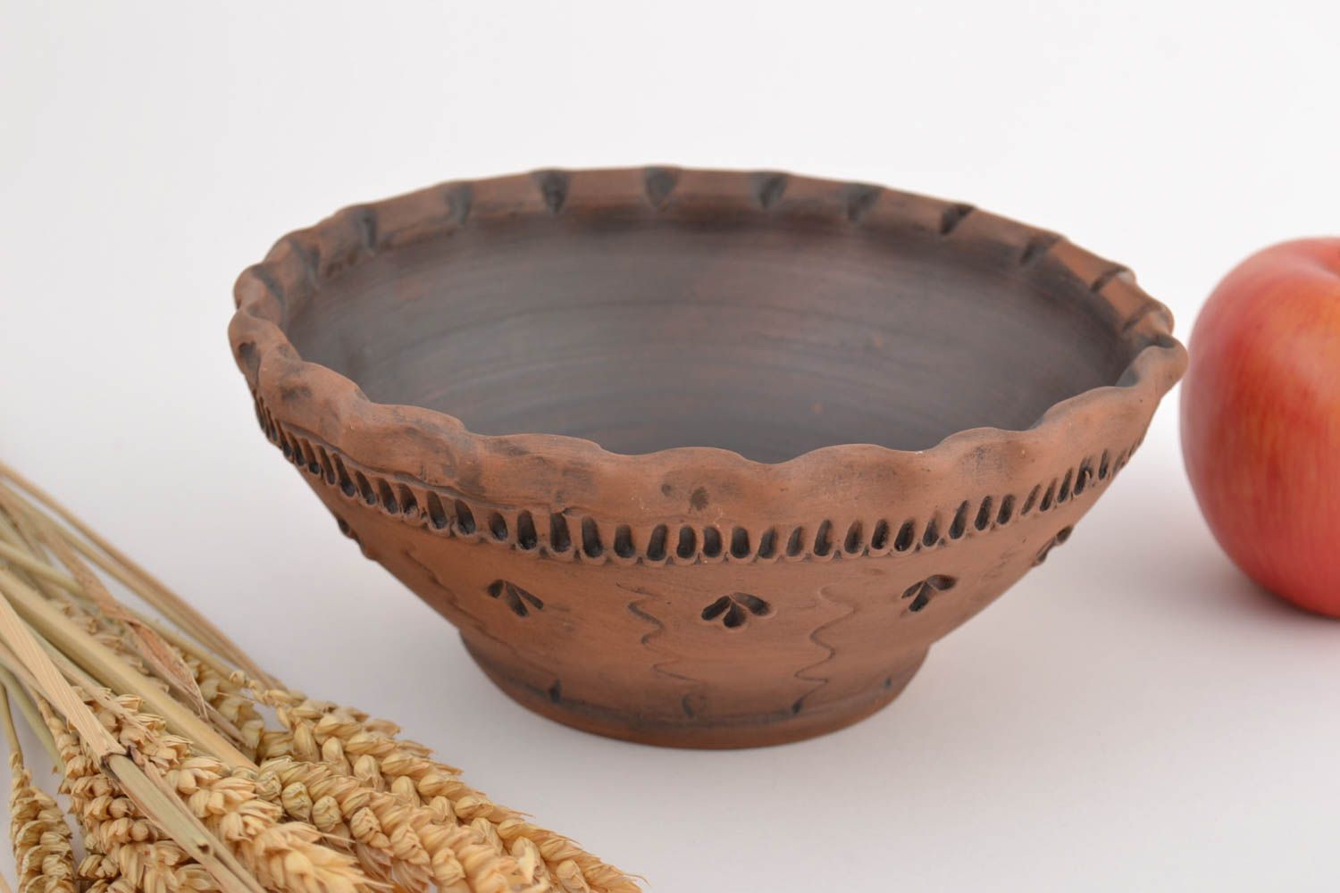 Beautiful brown handmade moled clay bowl 650 ml photo 1