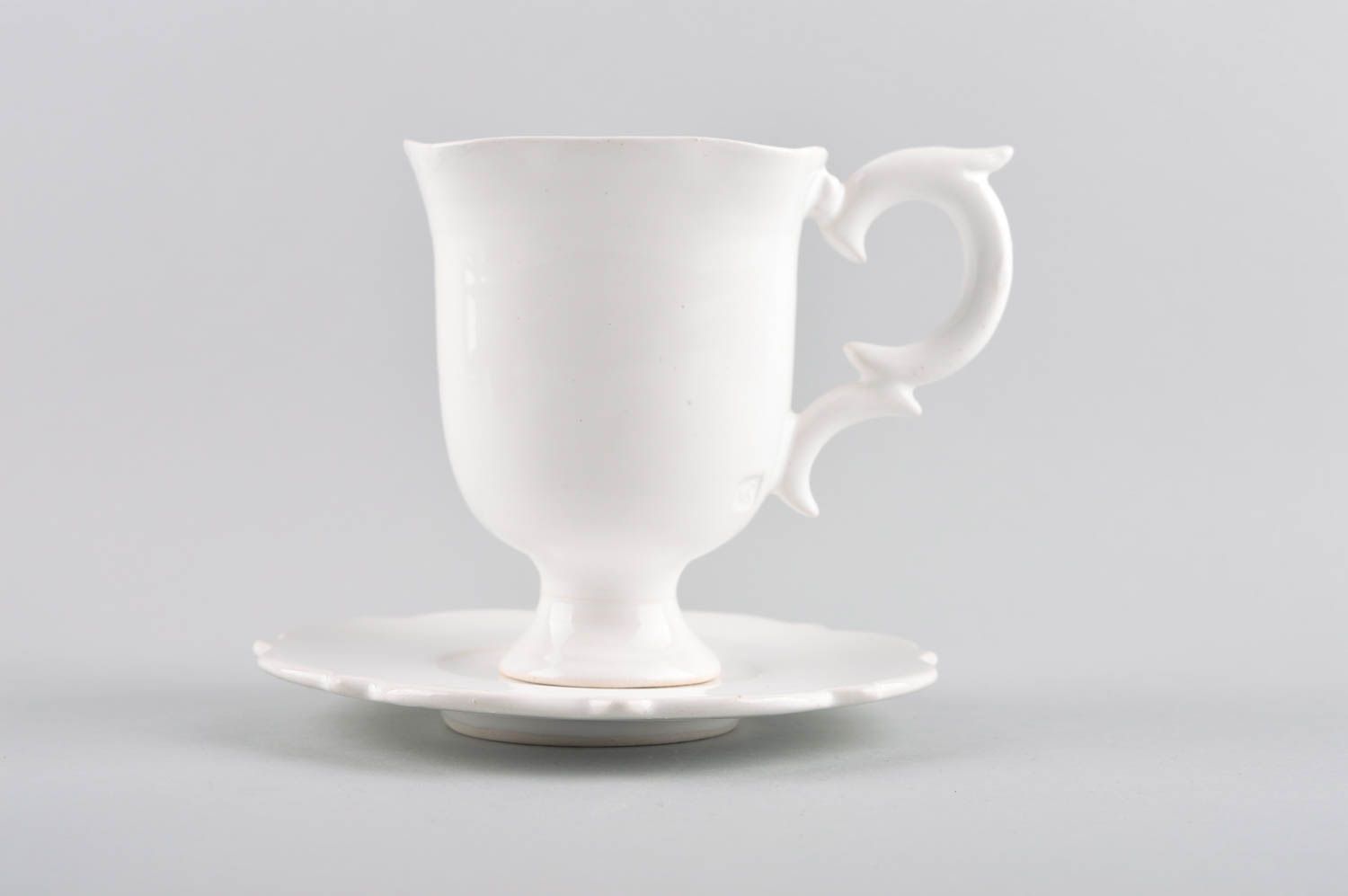 Super elegant white porcelain teacup with handle and saucer photo 5