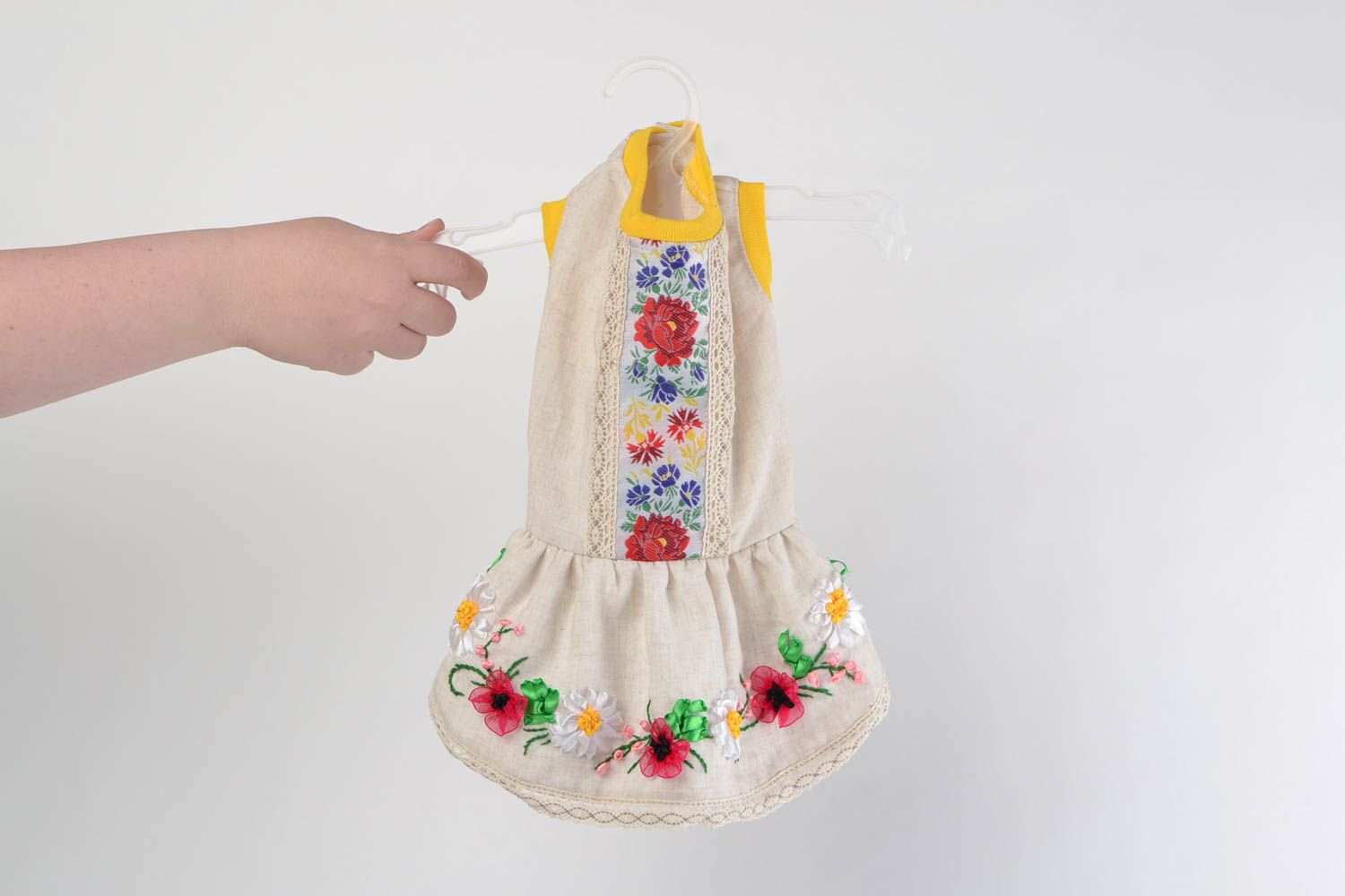 Linen dog dress embroidered with ribbons with flowers and lace clothes for dogs photo 2