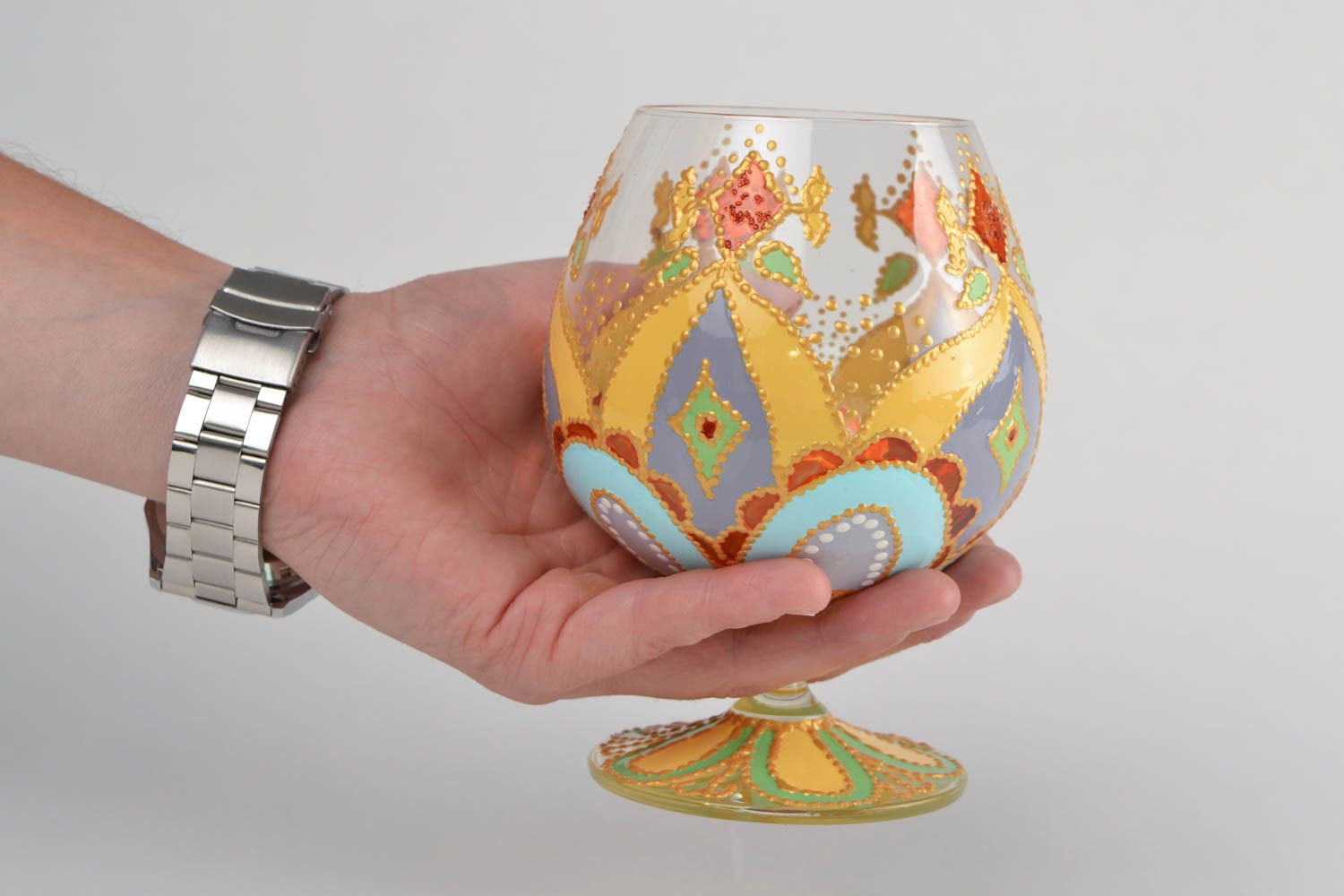 Стеклянный бокал с росписью витражными красками коньячный посуда хэнд мэйд фото 2