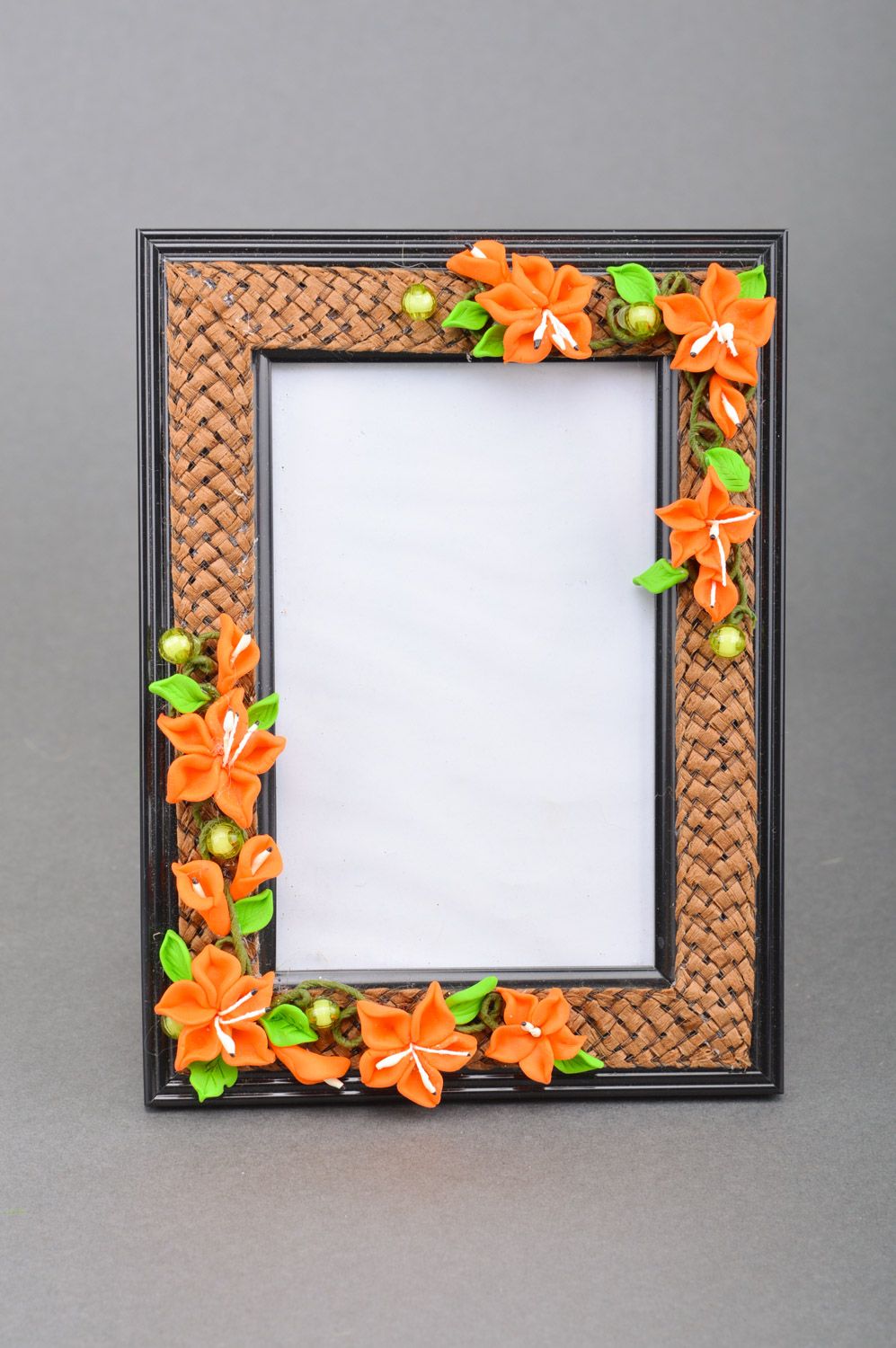 Handmade woven rectangular photo frame with polymer clay flowers  photo 2
